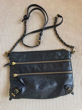 Elliott Lucca Black Leather Crossbody with Gold-Tone Accents